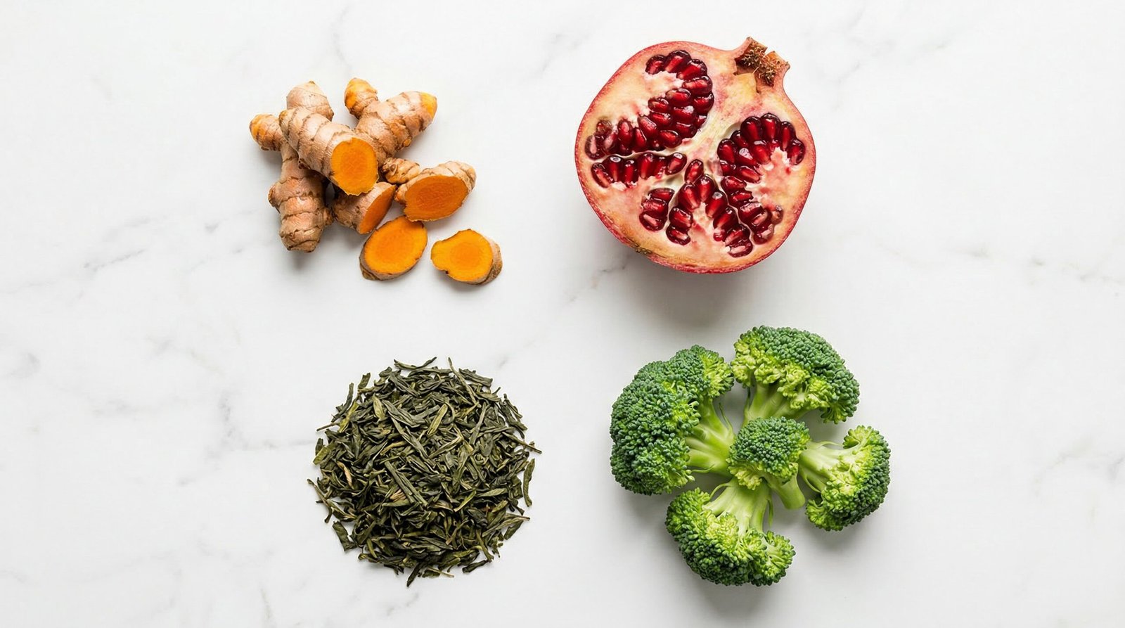 Four Pomi-T ingredients: pomegranate, green tea, broccoli and turmeric